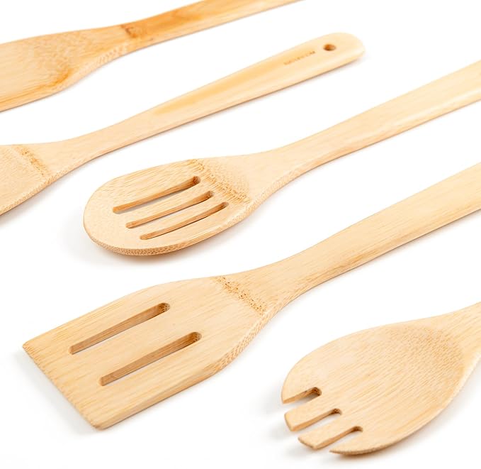 Naturoom Kitchen Utensils Set of 6 PCS, 12Inches Bamboo Wooden Cooking Spoon & Spatula Tools Perfect for Non-Stick Cookware. (Set of 6)