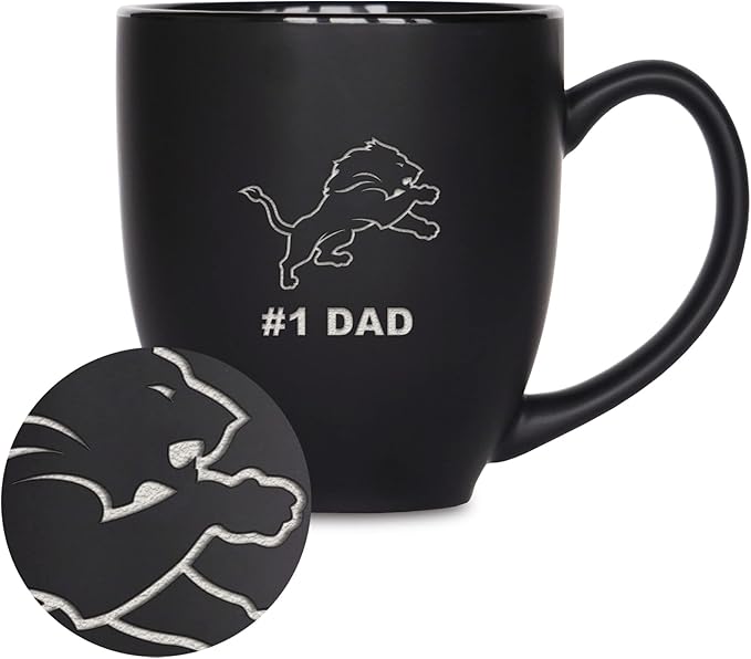 Rico Industries NFL Football #1 Dad 15oz Laser Engraved Matte Black Ceramic Bistro Mug - for Hot or Cold Drinks