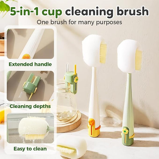 5-in-1 Bottle Cleaning Brush Set, Multifunctional Household Cleaning Kit with Long Flexible Scrubber,for Narrow Mugs, Stainless Steel Cups, Baby Bottles and Tumbler (Green+White, 2 pcs)