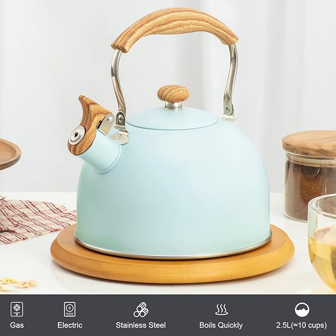 Whistling Stainless Steel Diamond Pattern Tea Kettle with Wood Grain Anti Heat Handle, Stainless Steel Cover Wood Grain Nylon Cover Top Tea Pot (Green)