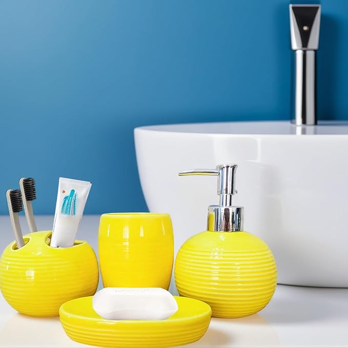 4Pcs/Set Yellow Bathroom Accessories Ceramic Vibrant Soap Dispenser with Toothbrush Holder & Soap Dish & Cup Complete Toothbrush Holder Set
