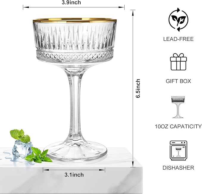 4Pcs Coupe Glasses, 10oz Crystal Martini Glasses with Gold Rim, Vintage Coupe Cocktail Glass, Martini Glassware for Espresso, Champagne, Cosmopolitan, Manhattan