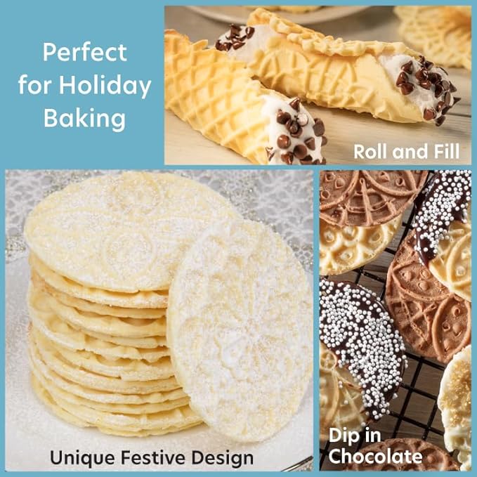Piccolo Pizzelle Baker- Nonstick Electric Press Makes 4 Mini Holiday Cookies at Once- Recipe Guide Included- Fun Christmas Baking Supplies for Party, Italian Waffle Dessert Treat Making- Gift for Her