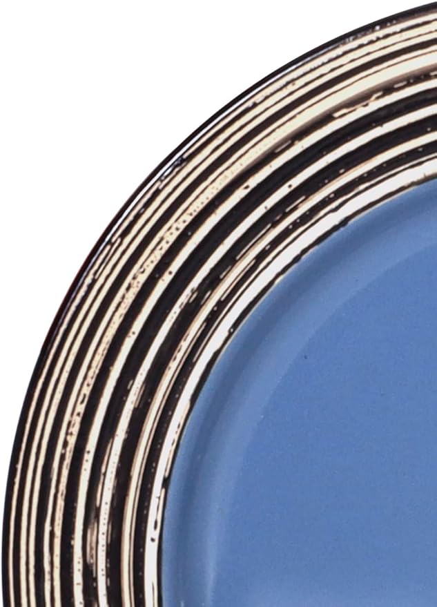 16 Piece Dinnerware Set, Ceramic Plates and Bowls Sets for 4, Microwave and Dishwasher Safe, Handcrafted Tree Bark Series Dish Set, Blue