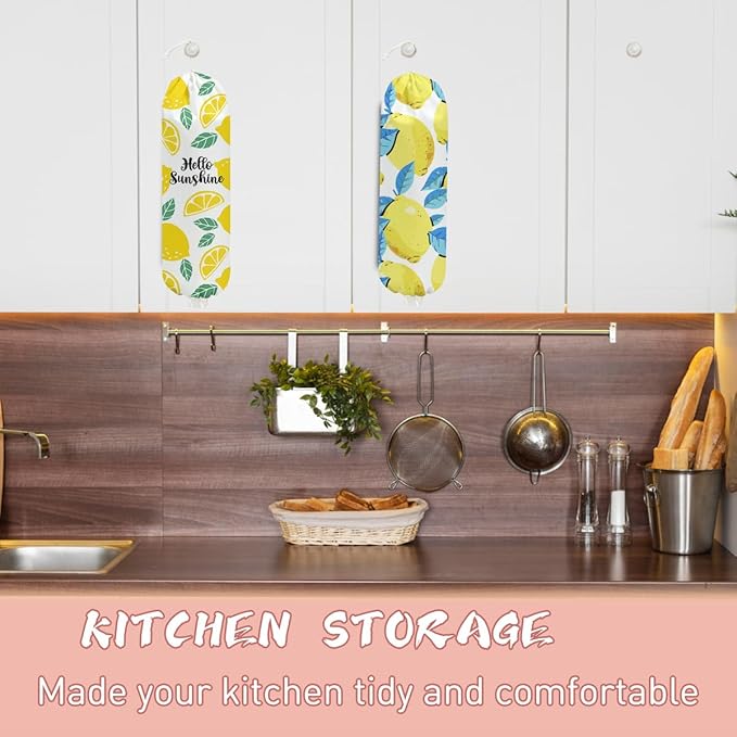 2PCS Lemon Plastic Bag Holder, Wall Mount Grocery Bag Holder for Plastic Storage bag, Lemon Storage Organizer Reusable Grocery Bags, Pull Rope Free Adjustment, Gifts for Women Mom Grandma