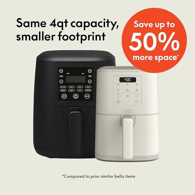 bella 4Qt Slim Air Fryer, Fits-anywhere™ Kitchenware, EverGood™ Ceramic Nonstick Coating, Adjustable Temperature, 6 Preset Cooking Options, 60 Min Auto Shutoff w Audible Tone, 3.3lb Capacity, Oatmilk