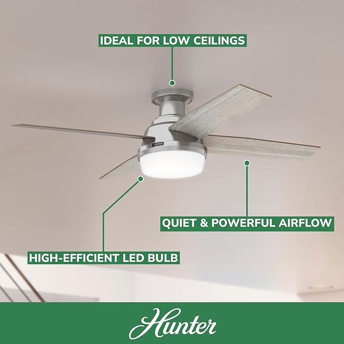 Hunter 52 inch Indoor Ceiling Fan with LED Light and Remote Control- Modern Ceiling Fan, Low Profile Mount, 4 Light Gray Oak Blades, For Bedroom, Living Room, or Kitchen- Dempsey 50283, Brushed Nickel