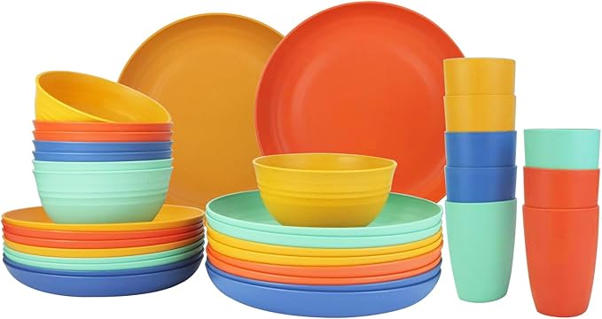 32-Piece Wheat Straw Dinnerware Set - 8×10" Plates, 8×9" Plates, 8×26oz Bowls, 8×12oz Cups | Shatterproof & Microwave-Safe Eco-Friendly Tableware