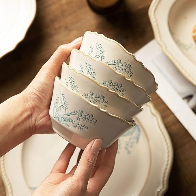 8-Piece Dinnerware Set - Lily Bloom Series, Service for 4, Includes 6'' Bowls & 10'' Plates, Retro Vintage Floral Style, Microwave & Dishwasher Safe