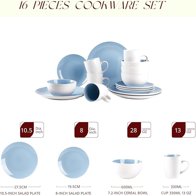Stoneware Coupe Shape 12pc Dinnerware Set, Outside White + Inside Blue