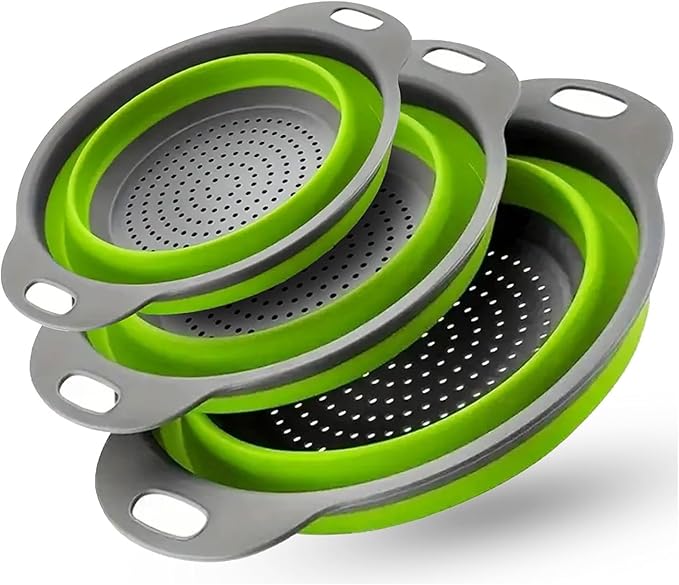 Collapsible Colander Set,Premium Food Grade Silicone Folding Strainers with Handles Space Saving Colanders for Draining Pasta,Vegetables & Fruits,Ideal for Kitchen & Travel (3pc)