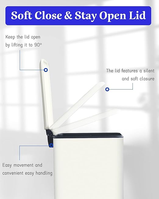 Large Bathroom Trash Can, 16.7L/ 4.4 Gallon Trash Can with Removable Wastebasket, Hand Free Garbage Can with Soft close Lid, Stainless Steel Skinny Trash Bin for Bedroom, Home Office, White