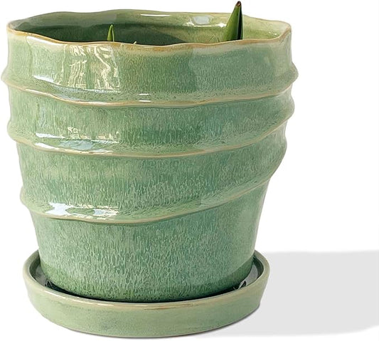 6in Plant Pot, Ceramic Planter, Plant Pots Indoor, Plant Pots with Drainage Holes and Saucers, Flower Pots for Indoor Plants, Bright Green