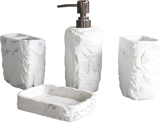 Hymmah Marble Bathroom Accessories Set,Marble Design Toothbrush Holder,Farmhouse Bathroom Decor,4 Pcs Resin Gift Set Apartment Necessities, Contain Toothbrush Cup,Soap Dispenser,Soap Dish,Tumbler