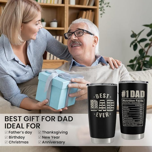 SANDJEST Best Dad Ever Tumbler with Lid - Dad Nutrition Facts 20oz Insulated Stainless Steel Mug - Coffee Mug for Travel Outdoor Sport Office, Gift for Father’s Day Birthday
