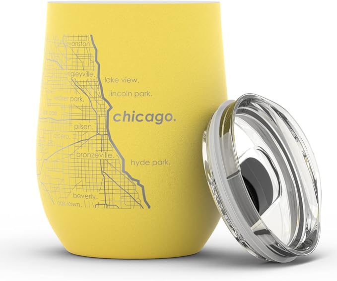 Well Told Engraved Chicago Illinois Map Insulated Wine Tumbler, Etched Stainless Steel Cup (12 oz, Sunrise Yellow) City Map Insulated Tumbler, Custom Insulated Tumbler, Outdoor Drinkware