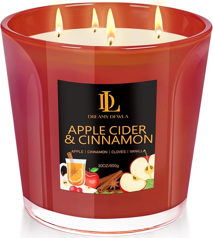 Large Fall Candle Apple Cider & Cinnamon Scented, 4 Wick Natural Soy Candles for Home Scented, 30oz Big Autumn Candle Long Lasting, Home Aromatherapy Candles Housewarming Gift for Women Men