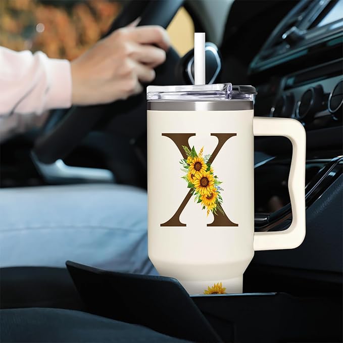 Personalized Birthday Gifts For Women - Sunflowers Monogrammed Cup For Boss Day, Christmas - Customized Gifts For Women, Mom, Wife, Coworkers, Boss Lady, Her - Custom Tumbler With Handle 40oz