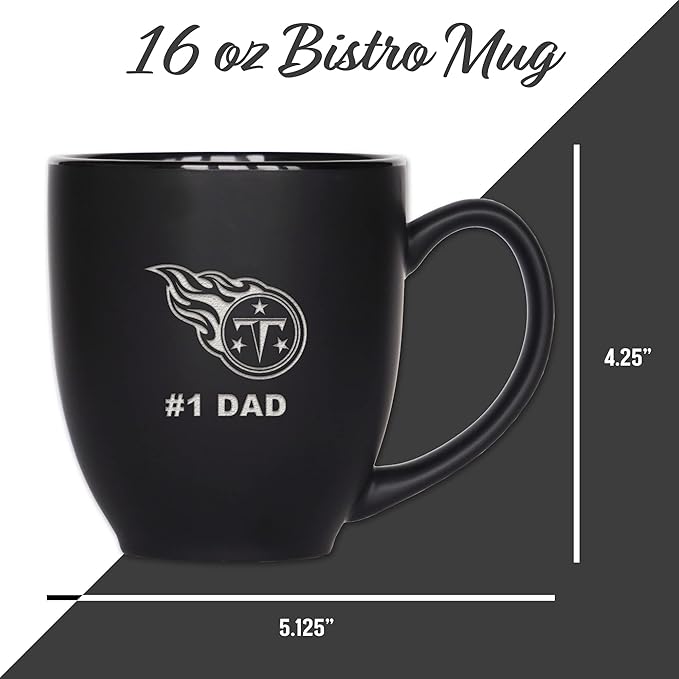 Rico Industries NFL Football #1 Dad 15oz Laser Engraved Matte Black Ceramic Bistro Mug - for Hot or Cold Drinks