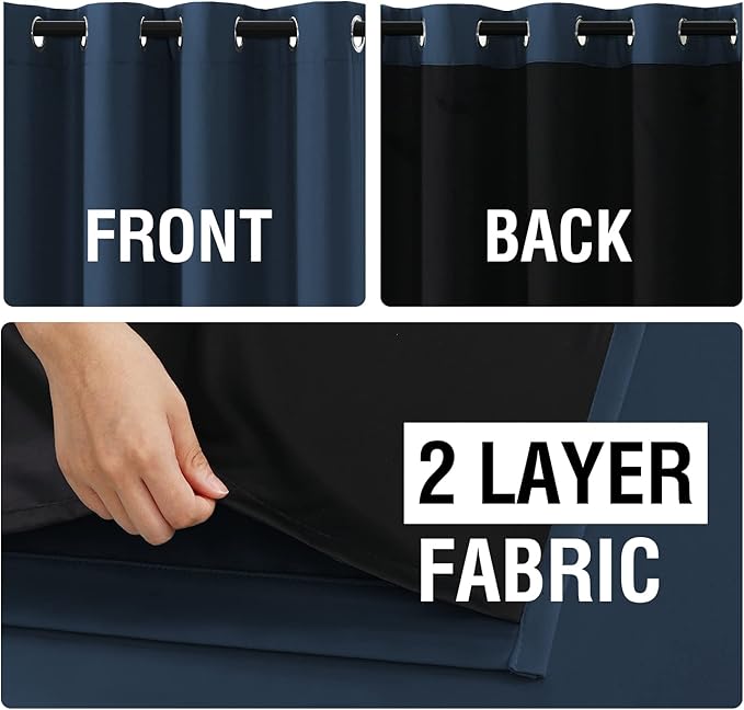 H.VERSAILTEX 100% Blackout Curtain Panels 45 Inches Long Thermal Insulated Blackout Lined Curtains for Bedroom Two Layers Full Light Blocking Drapes for Living Room, 2 Panels, Navy Blue