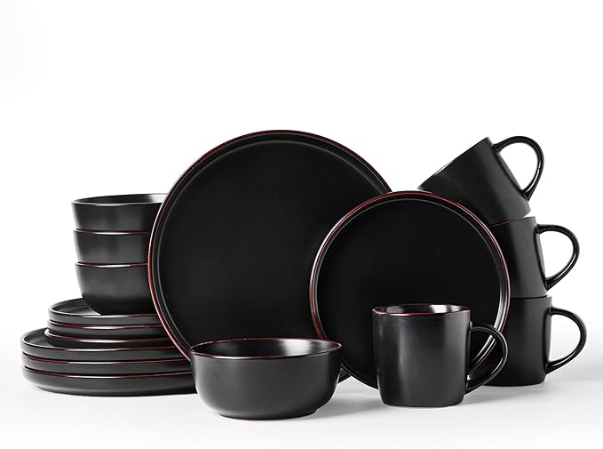 Famiware Mercury Dinnerware Sets with Mugs, Service for 4 (16 Pieces), Plates and Bowls Sets, Microwave and Dishwasher Safe Dishes Set, Black