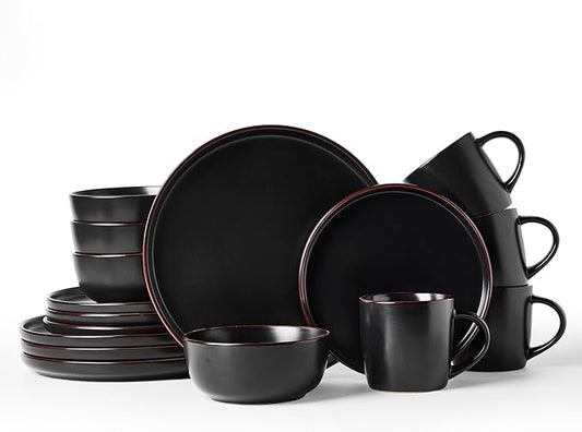 Famiware Mercury Dinnerware Sets with Mugs, Service for 4 (16 Pieces), Plates and Bowls Sets, Microwave and Dishwasher Safe Dishes Set, Black