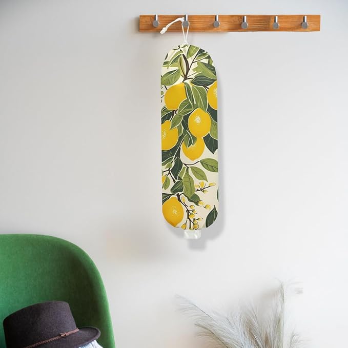 Lemon Plastic Bag Holder for Kitchen Essentials, Summer Wall Mount Grocery Bag Holder for Plastic Bags, Washable Grocery Bags Storage Dispenser for Home Kitchen Decor, Lemon Gifts for Women Mom