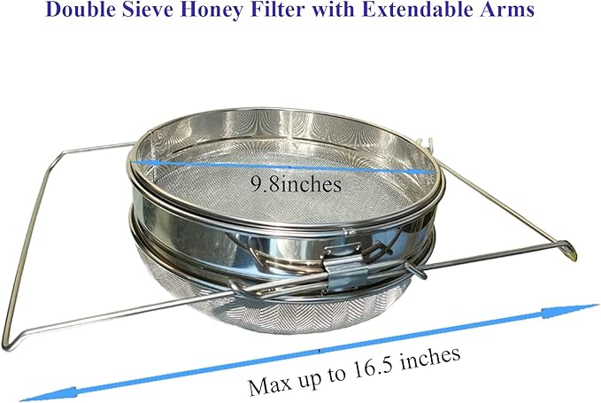 Honey Strainer for 5 Gallon Bucket Stainless Steel Double Sieve Honey Filter Strainer for Clean Honey with Up to 16.5 inches Extendable Arms