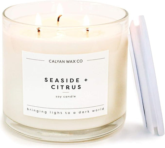 Calyan Wax Co. Seaside & Citrus 3 Wick Scented Candle - 43 Hour Burn - Luxury 3 Wick Soy Candles - Non Toxic Soy Wax Candles - Long Lasting Large Glass Jar Candle for Home - 14.9oz