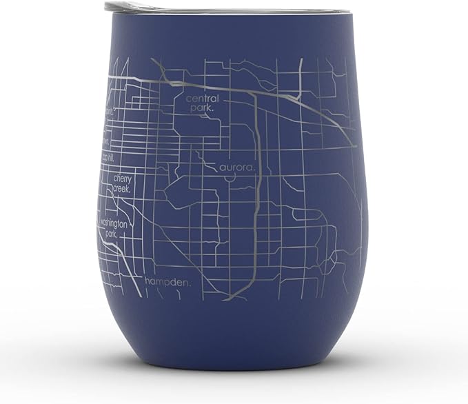 Well Told Engraved Denver Colorado Map Insulated Wine Tumbler, Etched Stainless Steel Cup (12 oz, Midnight Blue) City Map Insulated Tumbler, Custom Insulated Tumbler, Outdoor Drinkware