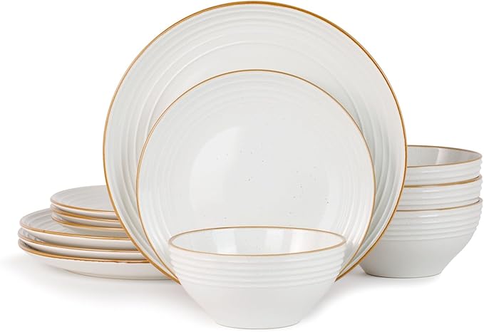 Famiware Jupiter Dinnerware Set, Plates and Bowls Dish Sets for 4 (12 Pieces), Microwave and Dishwasher Safe Stoneware Speckled Tableware, Chip and Scratch Resistant, White