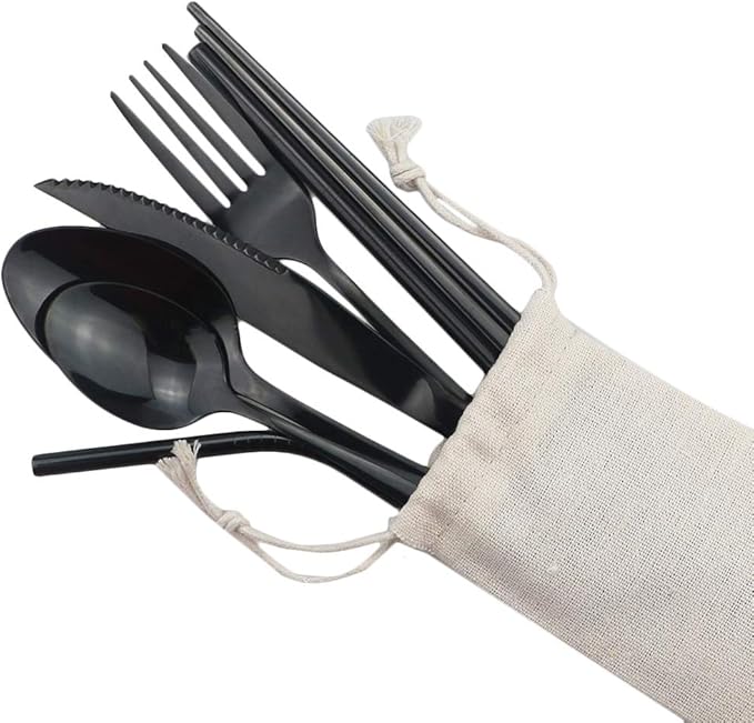 Gugrida Black Reusable Utensils, Healthy & Eco-Friendly 8 Pieces Portable Stainless Steel Flatware Tableware Set, Portable Travel Camping Cutlery Knife Fork Spoon Straws Set（Steak Knife）
