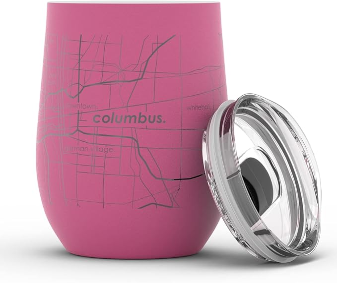 Well Told Engraved Columbus Ohio Map Insulated Wine Tumbler, Etched Stainless Steel Cup (12 oz, Sunset Pink) City Map Insulated Tumbler, Custom Insulated Tumbler, Outdoor Drinkware