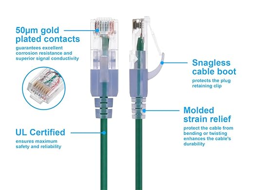 Monoprice Cat6A 14ft Green 10-Pk Patch Cable UTP 30AWG 10G Pure Bare Copper Snagless RJ45 SlimRun Series Ethernet Cable