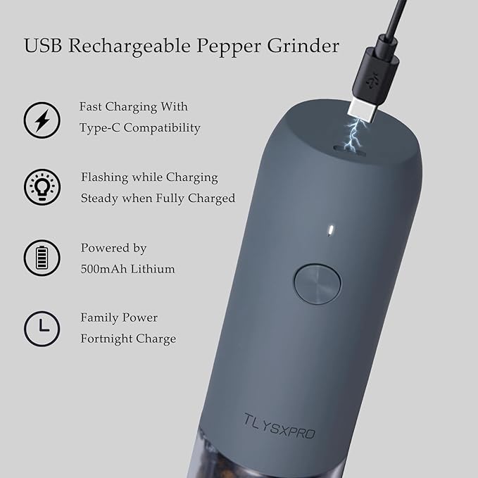 Electric Pepper Grinder, USB Rechargeable, Automatic Pepper Shaker, Adjustable Coarseness, Electric Pepper Mill, LED Light, Refillable, Kitchen Gadget (1-Pack, Blue-Grey)