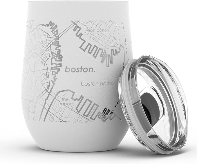 Well Told Engraved Boston Massachusetts Map Insulated Wine Tumbler, Etched Stainless Steel Wine Tumbler (12 oz, White) City Map Insulated Tumbler, Custom Insulated Tumbler, Outdoor Drinkware