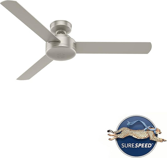 Hunter 52 inch Indoor Ceiling Fan No Light - Modern Ceiling Fan without Light, 3 Blades, Standard Mount, For Bedroom, Living Room, or Kitchen, Wall Control - Presto 50812, Matte Nickel
