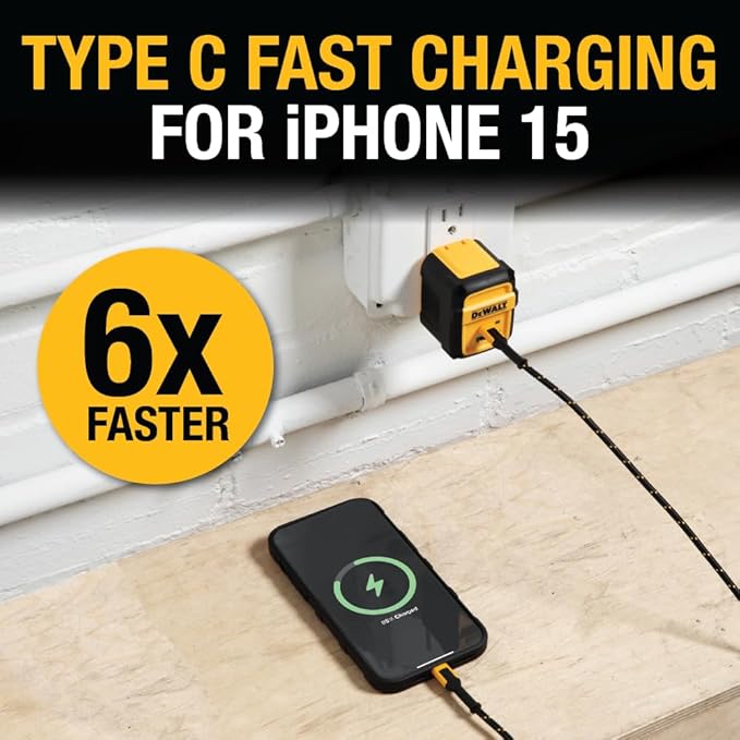 DEWALT Heavy Duty 49.5W Dual USB & USB C Charger Block (Cable Not Included), USBC Power Adapter, 2 Port Compact Foldable Fast Wall Charger for iPhone 17/16/15/14 Galaxy Pixel 4/3 iPad - Black & Yellow