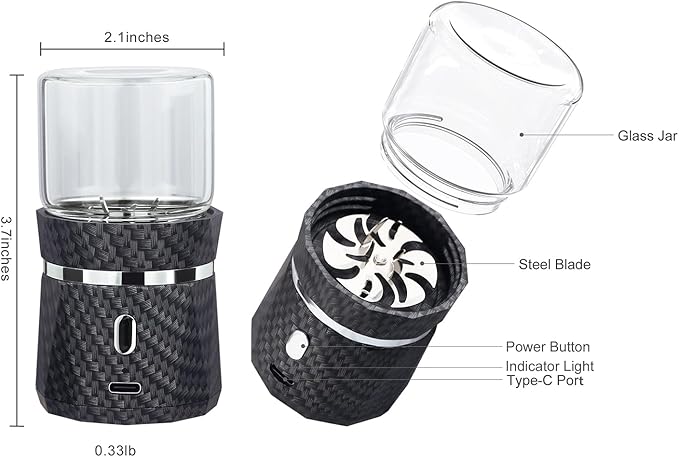 Unique Electric Herb Grinder, Small Spice Grinder Electric herb Grinders Mini Size 2x3.5inches with 2pcs 1.7oz/50ml Glass Jar Herb Jar Portable Grinders Rechargeable Automatic herb Grinder