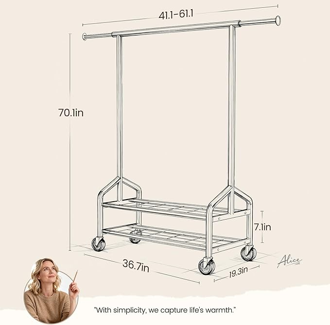 Heavy Duty Clothes Rack, Rolling Clothing Rack for Hanging Clothes with 2 Sturdy Shelves Load 650 LBS, Metal Garment Rack with Wheels for Bedroom, Laundry Room, Retail Store, Silver