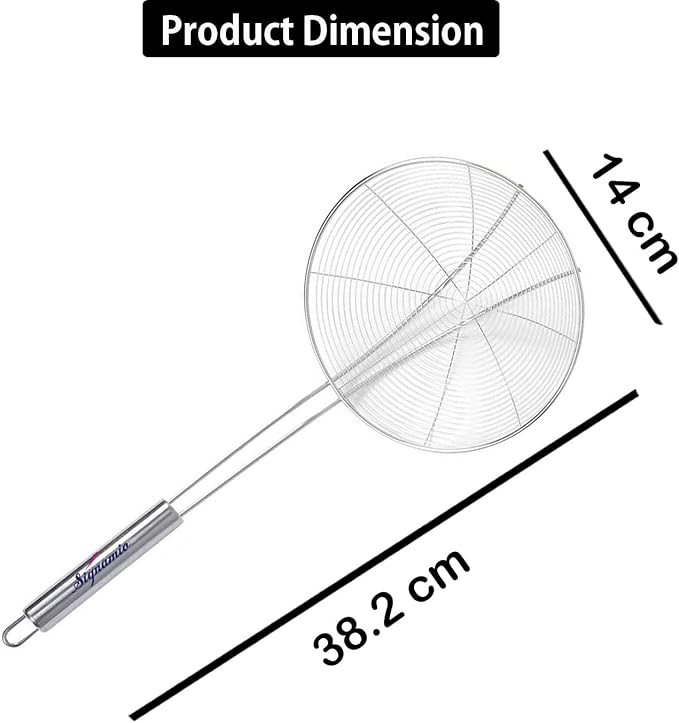 Diameter 14 cm Stainless Steel Deep Fry Net Spoon Oil Strainer for Kitchen - Frying Spoon for Puri & Poori Strainer Kitchen Utensil for Frying, Cooking & Straining Tool Steel Handle