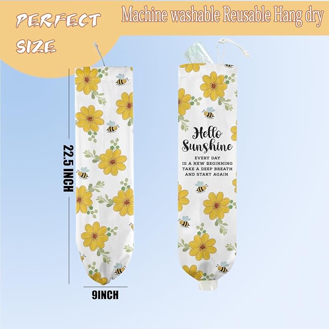Flower Plastic Bag Holder, Wall Mount Grocery Bag Holder, Plastic Storage bag, Flowers Storage Organizer Grocery Bags, Pull Rope Free Adjustment, Bee Gifts for Women Mom Grandma