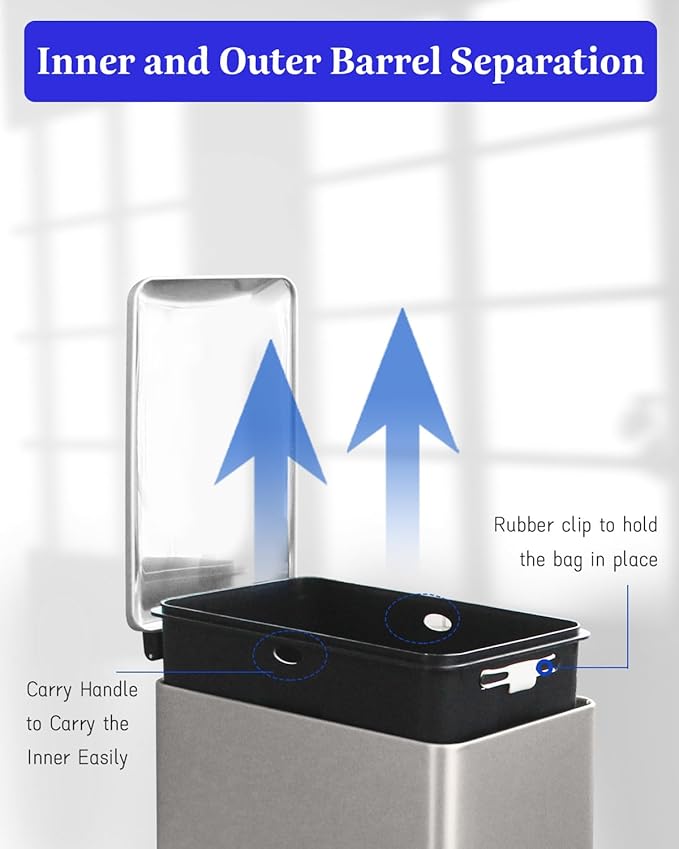 8 Gallon Slim Trash Can with Soft Close Lid, Stainless Steel Trash Can with Removal Inner Bucket, Hand -Free Trash Bin for Kitchen, Office, Laundry, Bathroom, 30 Liter Capacity, Kohler Grey