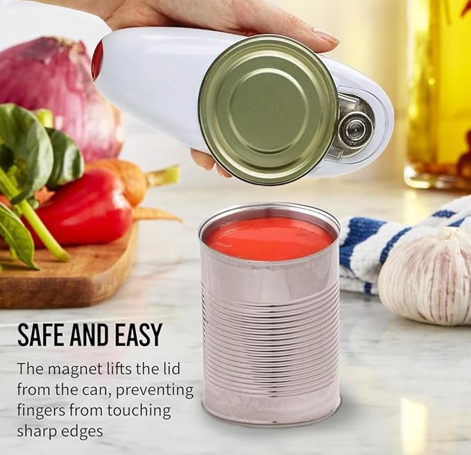 Automatic Electric Can Opener Red – Hands-Free, One-Touch Can Opening for Seniors, Arthritis-Friendly, Smooth Edge, Battery Operated, Safe Compact Kitchen Gadget for Home Use.