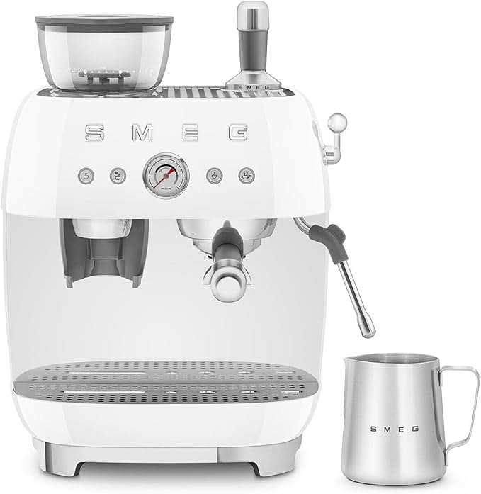 Smeg EGF03 Semi-Automatic Espresso Machine with Built-In Grinder, Dual Thermoblock, 50’s Retro Style – White (120 V)