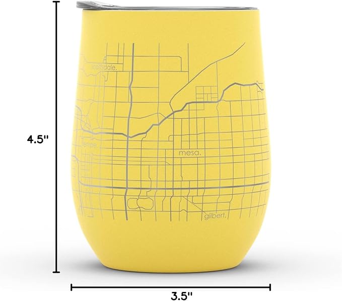 Well Told Engraved Phoenix Arizona Map Insulated Wine Tumbler, Etched Stainless Steel Cup (12 oz, Sunrise Yellow) City Map Insulated Tumbler, Custom Insulated Tumbler, Outdoor Drinkware