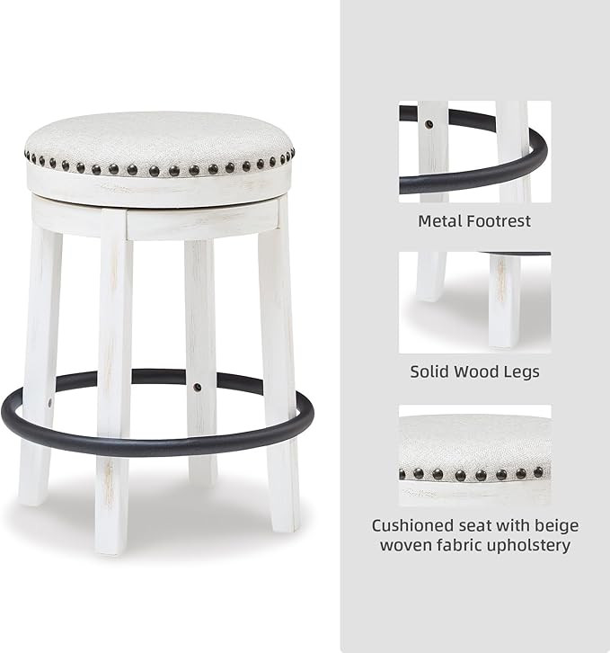 Signature Design by Ashley Valebeck Casual Upholstered Swivel Stool, Round Metal Footrest, Nailhead Trim Detail, Wood, 24", White & Black
