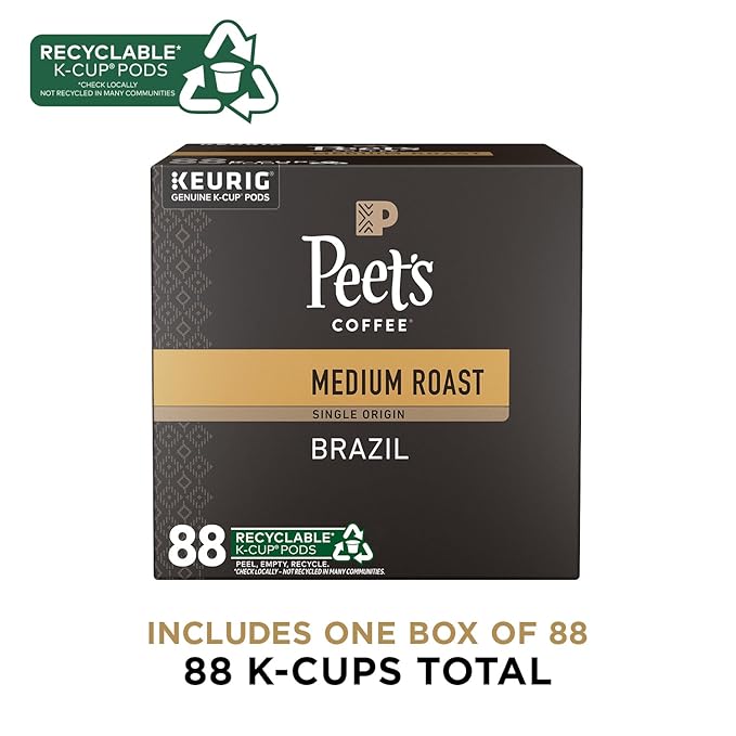 Peet's Coffee, Medium Roast Keurig K-Cup Pods - Single Origin Brazil 88 Count (4 Boxes of 22 Pods)