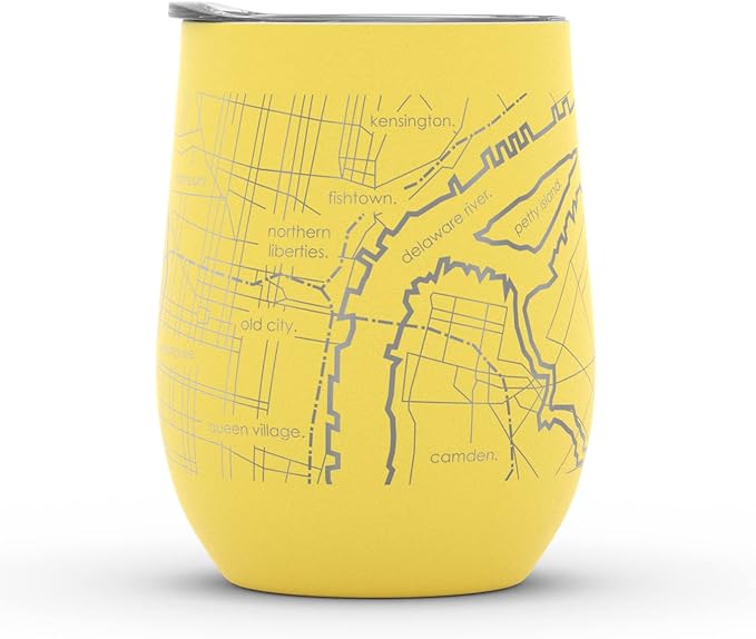 Well Told Engraved Philadelphia Pennsylvania Map Insulated Wine Tumbler, Etched Stainless Steel Cup (12 oz, Sunrise Yellow) City Map Insulated Tumbler, Custom Insulated Tumbler, Outdoor Drinkware