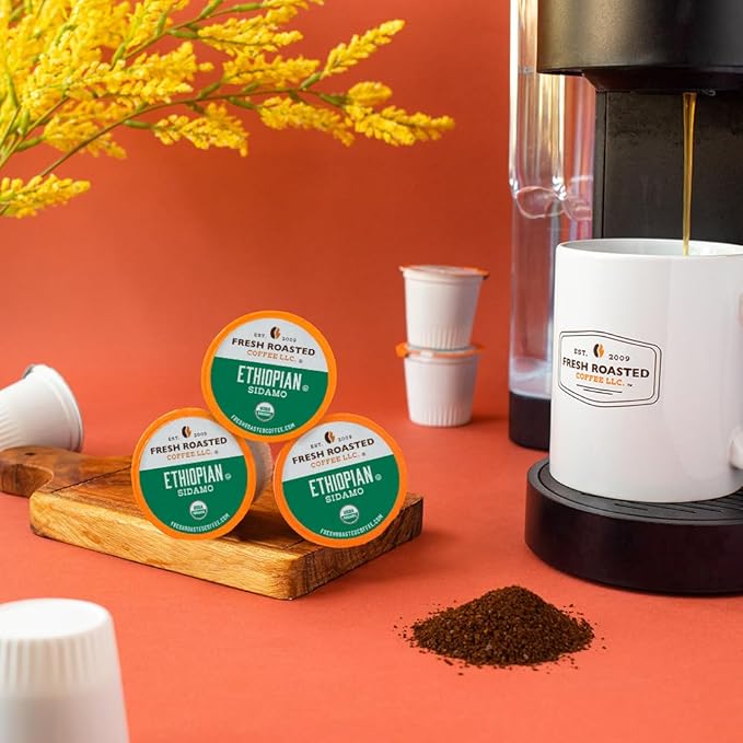 Fresh Roasted Coffee, Organic Ethiopian Sidamo |USDA Organic, 100% Single Origin, Kosher | Light Roast 72 Pods for K Cup Brewers